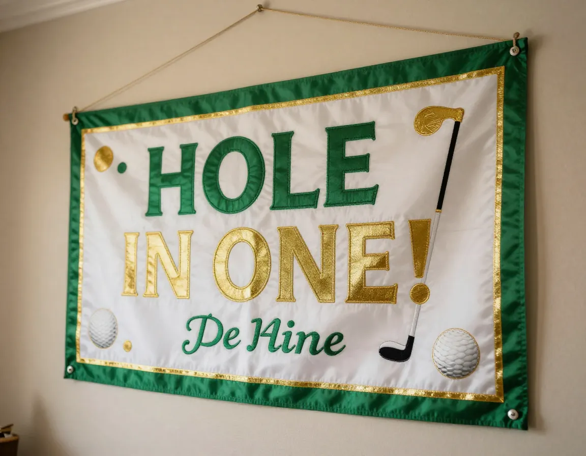 Personalized hole in one celebration banner hung on wall