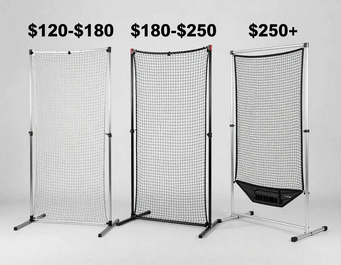 Three golf practice nets displayed at different price points