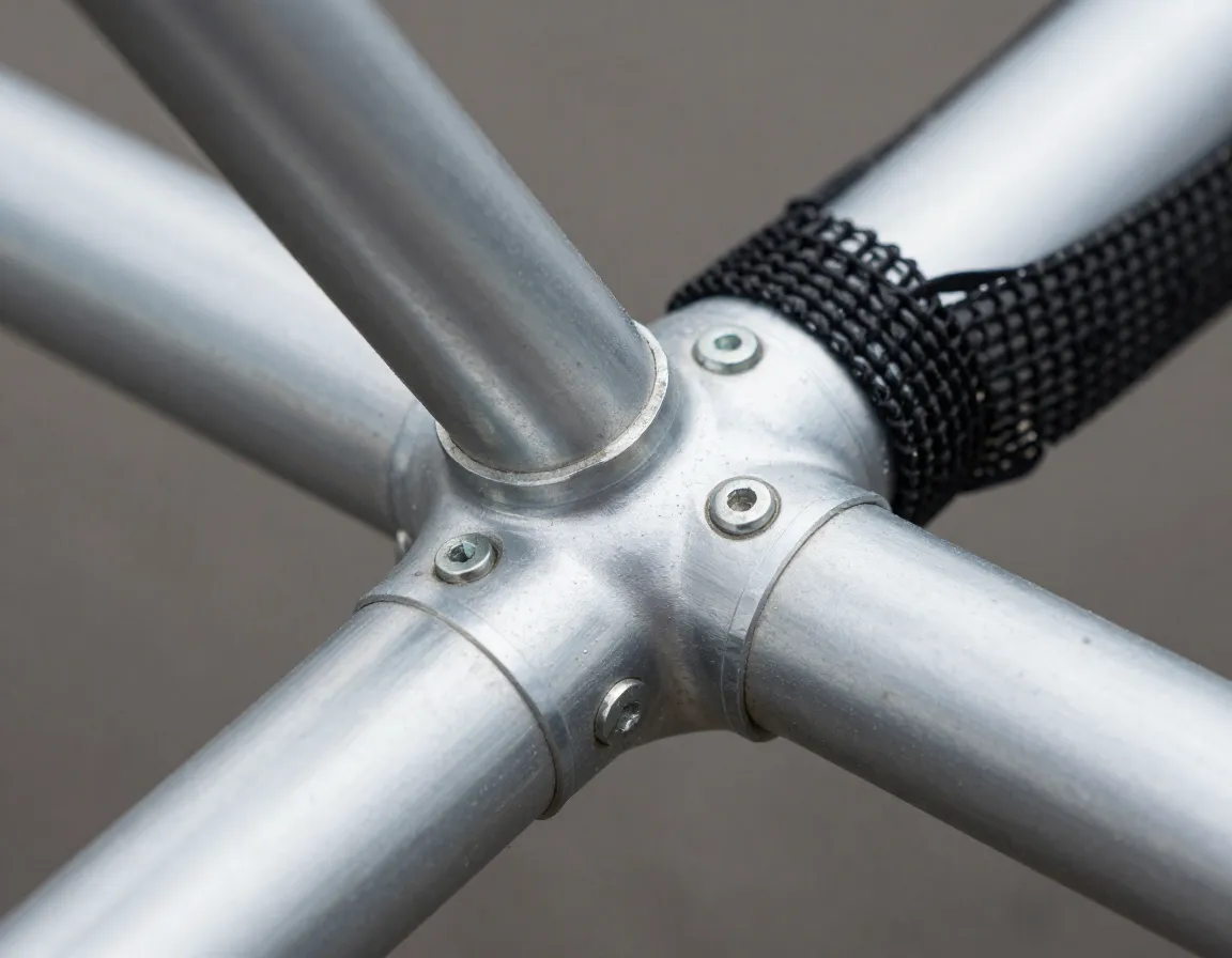 Close up detail of aircraft grade aluminum frame joint
