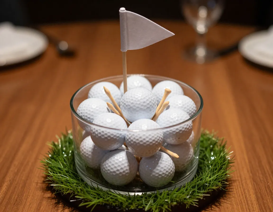 Golf ball tee and mini flag centerpiece in clear vase
