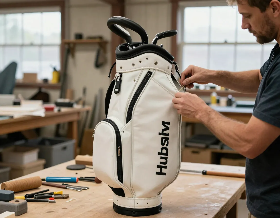 Handmade hudson sutler featherlite golf bag in factory setting