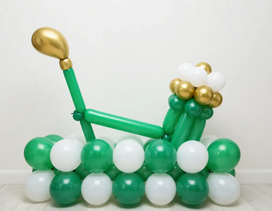 Green white gold balloon bouquet shaped like golf club