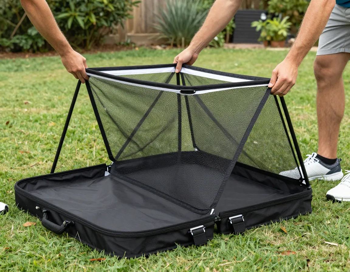 Person unfolding pop up golf net from carrying case