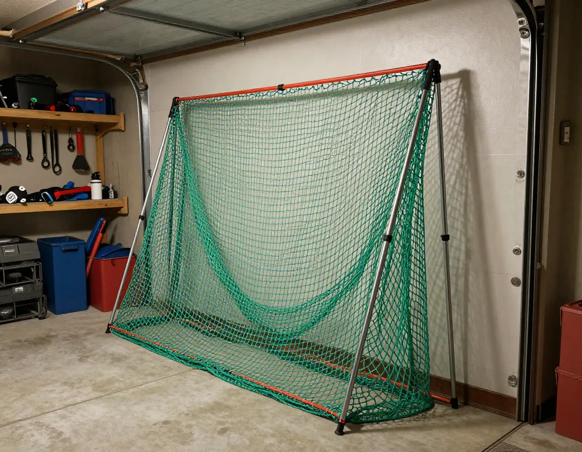 Golf net stored in garage with protective cover