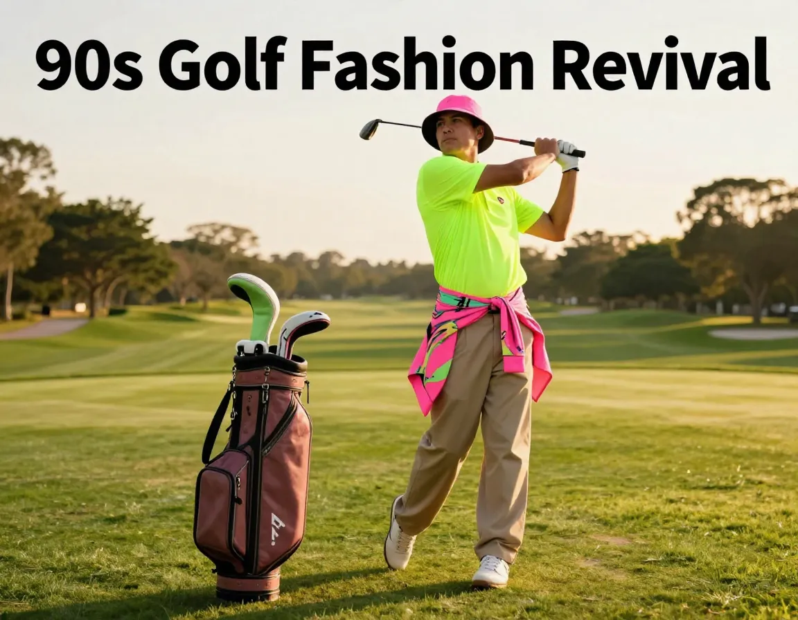Golfer neon polo bucket hat windbreaker relaxed khakis sunset fairway