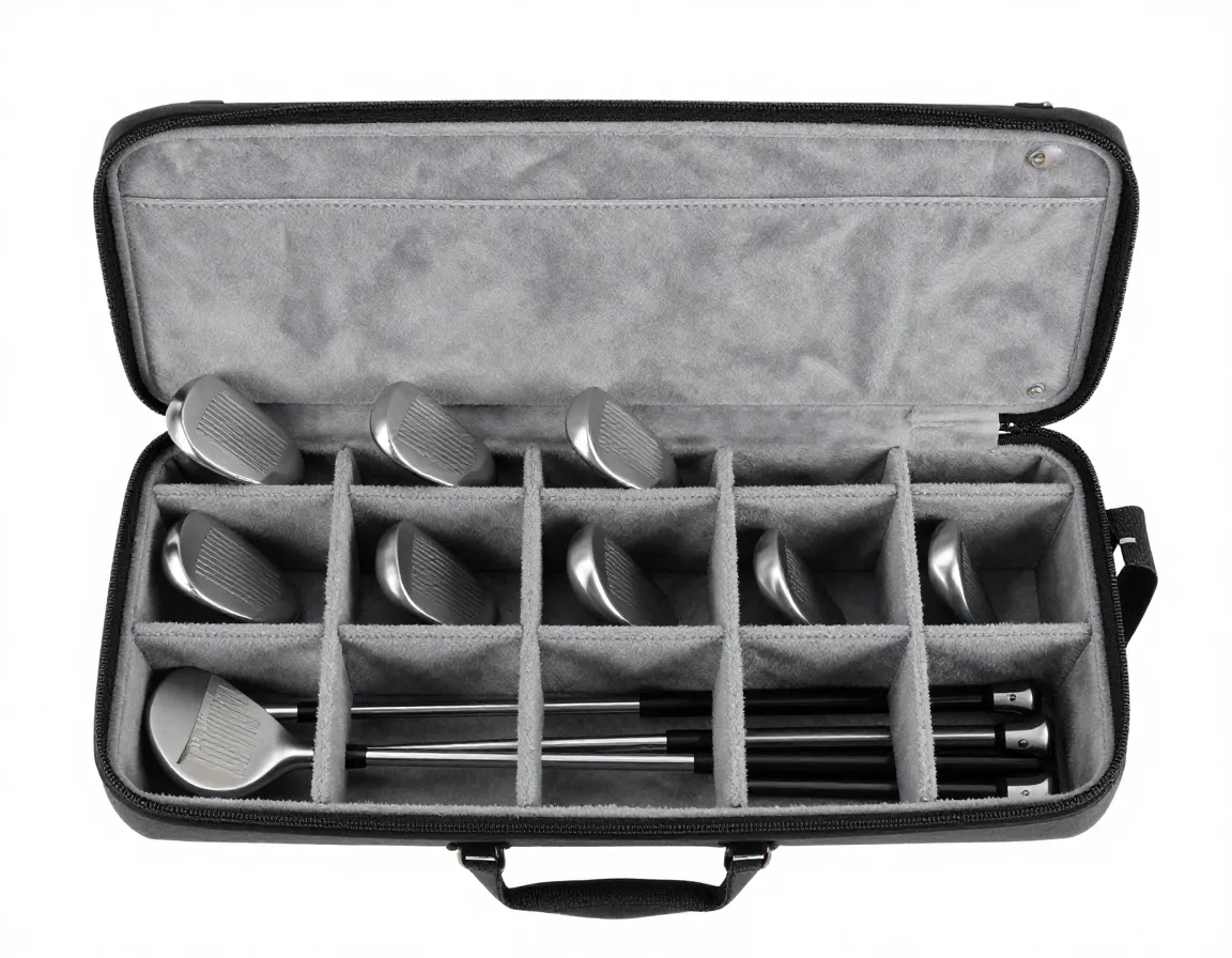 A golf bag with fourteen separate full length slots for each club