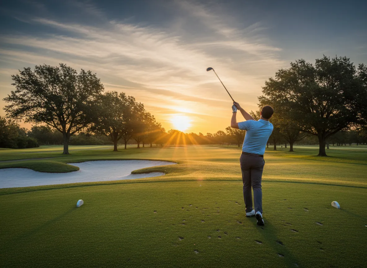 A golfer teeing off at sunrise on a championship golf course