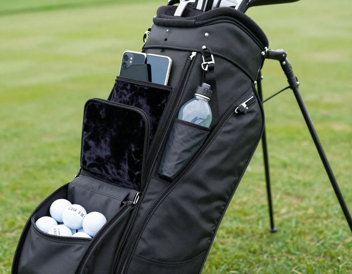 A modern golf bag with multiple specialized pockets for different items