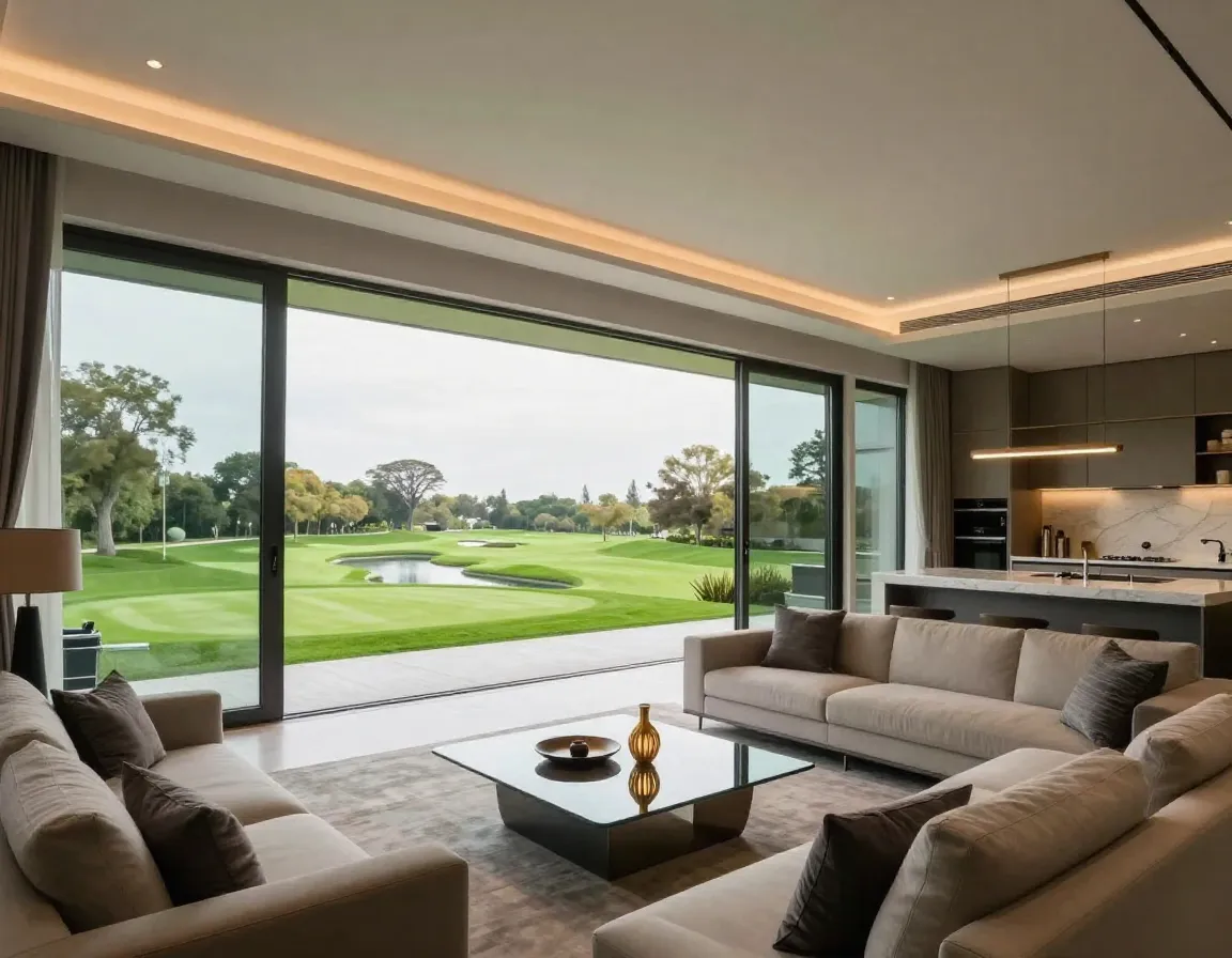 Modern villa living room with panoramic floor to ceiling golf course views