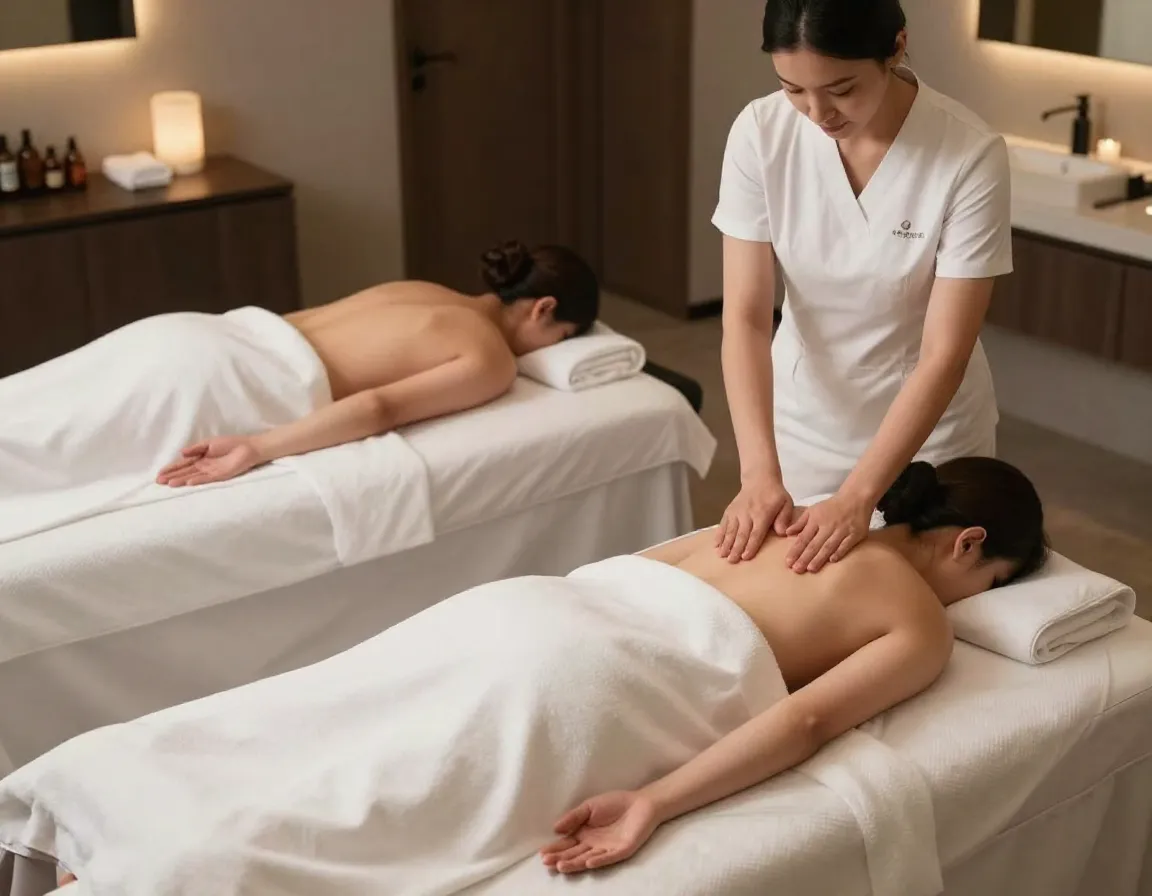 A couple receiving a therapeutic sports massage at a luxury resort spa