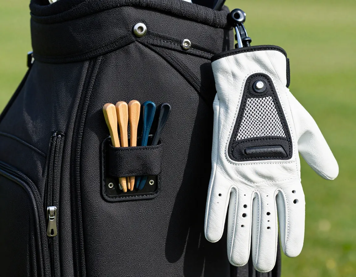 A golf bag with external magnetic tee holder and ventilated glove clip