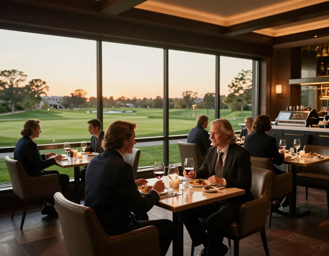 Elegant restaurant dining at a clubhouse grill overlooking the 18th green