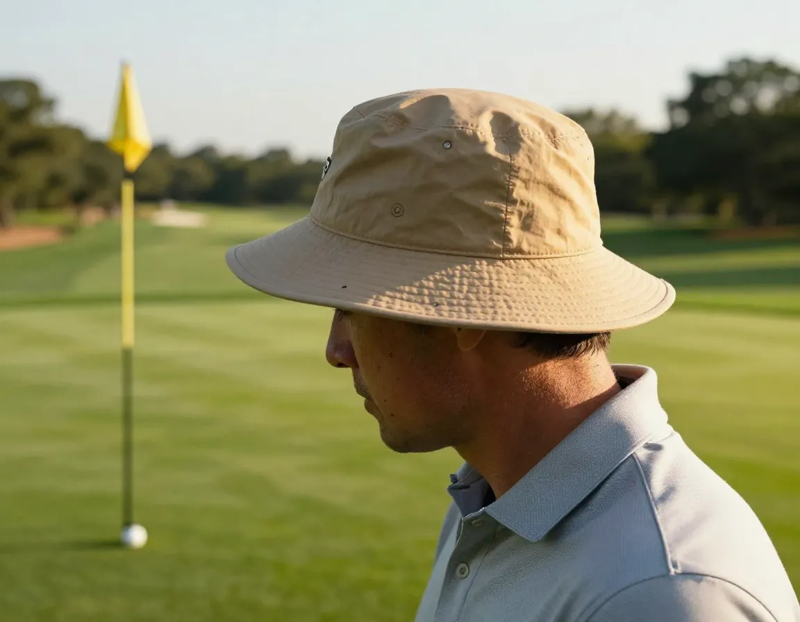 Golfer in bucket hat surveying green on sunny day