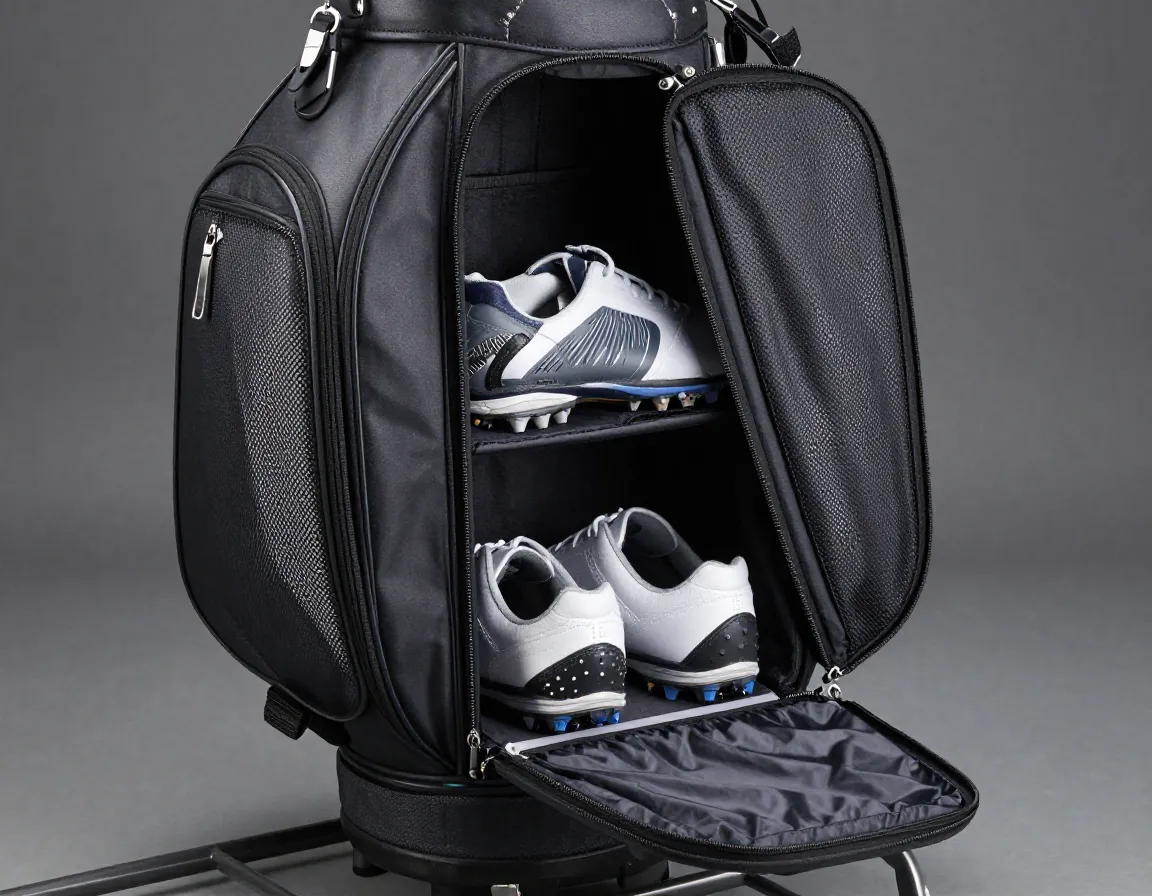 A premium golf travel bag with a dedicated ventilated shoe compartment
