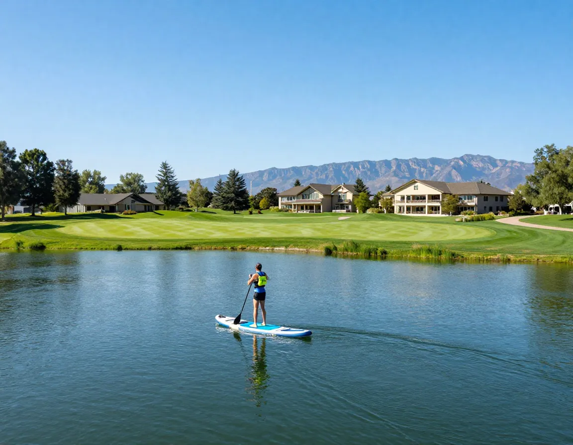 A guest paddleboarding on a calm lake with a scenic golf course backdrop