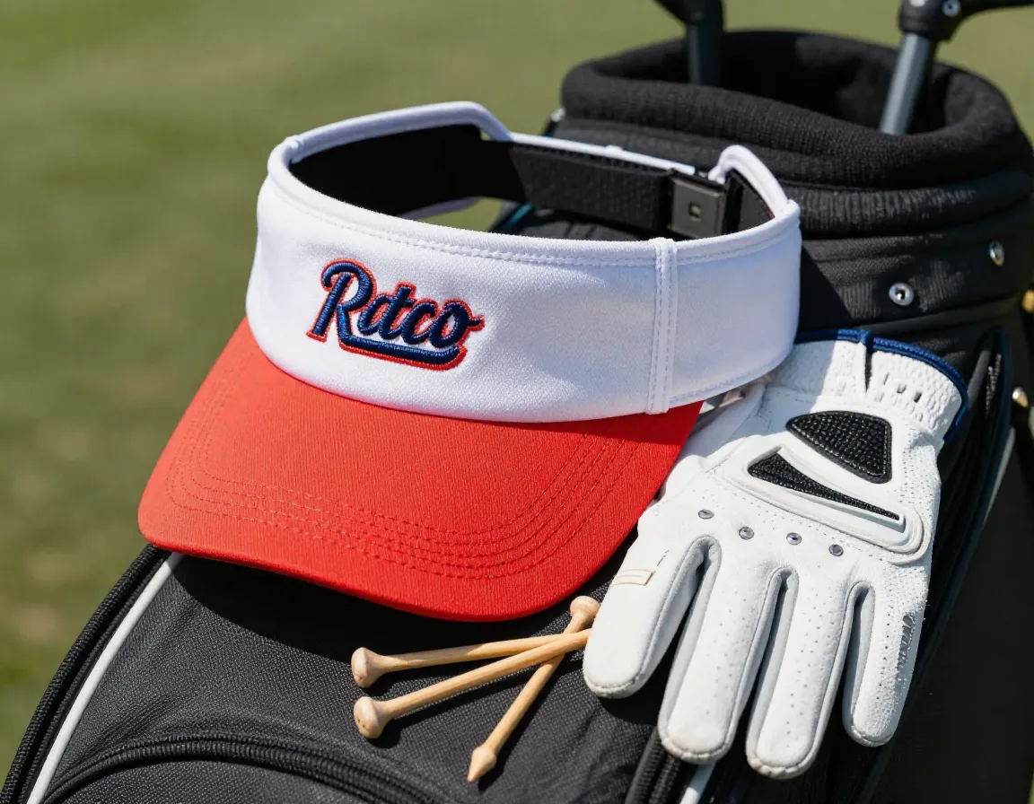 Retro logo visor on golf bag with tees and glove