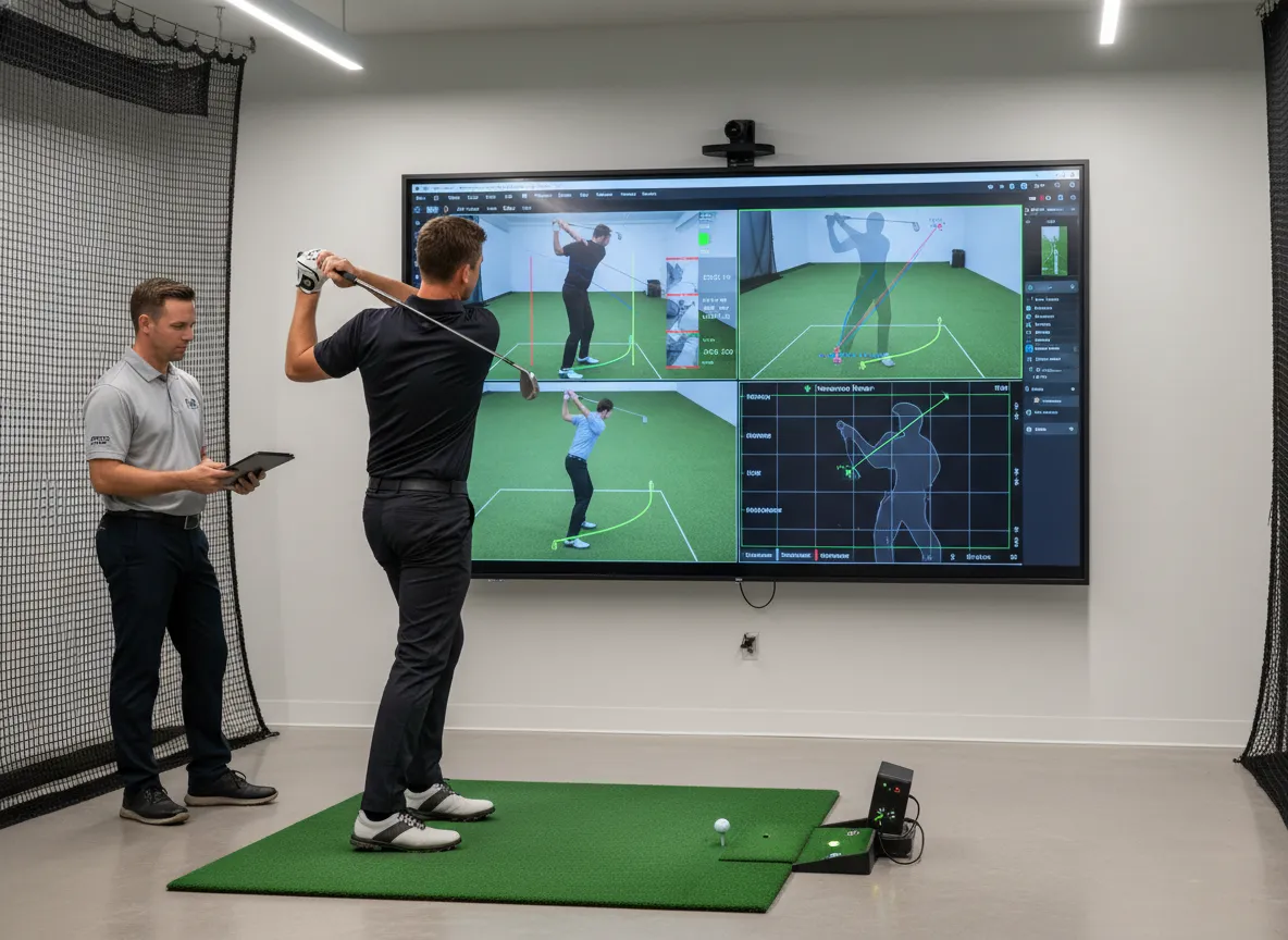 A golfer receiving a lesson with video swing analysis technology