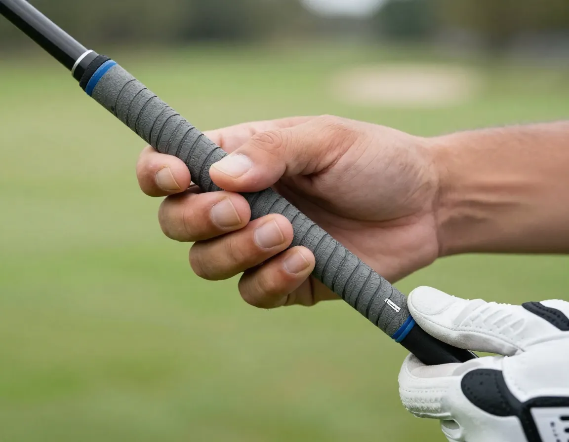 A golfers hands using a ribbed golf pride align grip on a club