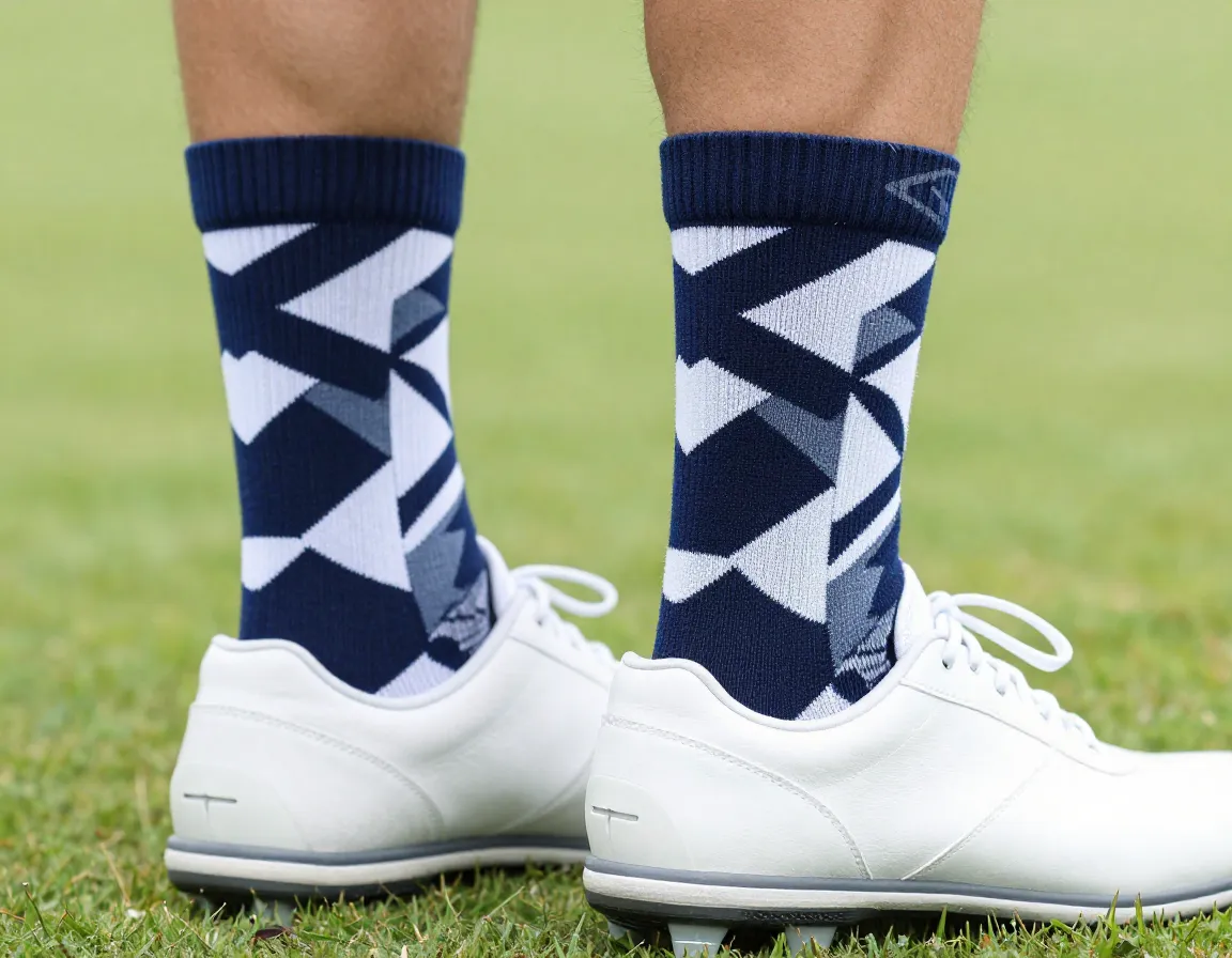 Patterned athletic golf socks and spiked shoes detail