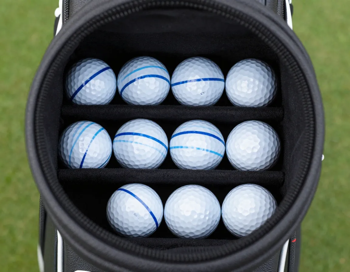 A collection of striped golf balls organized in a bags dedicated pocket