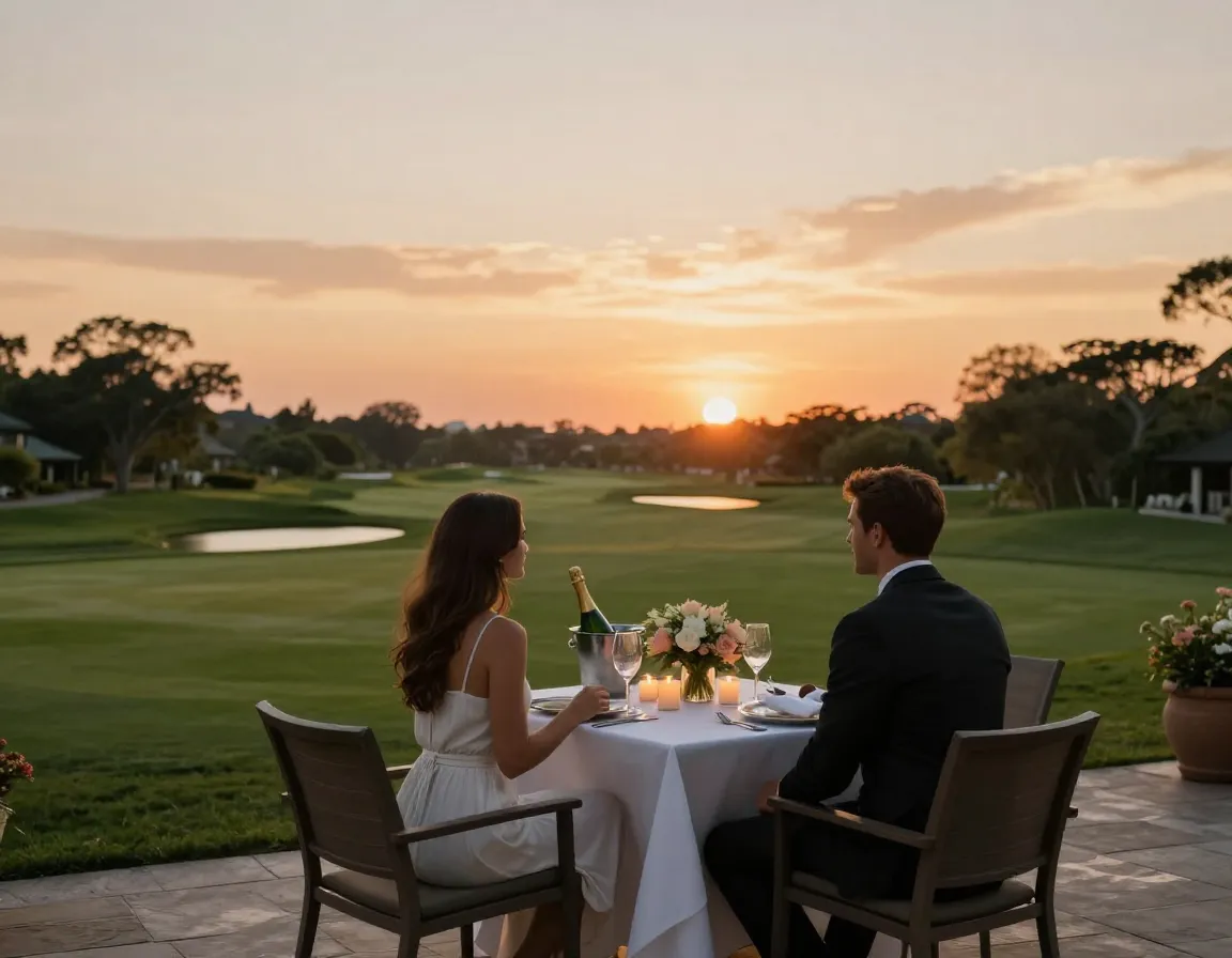 A romantic private dinner for two on a golf course terrace at sunset