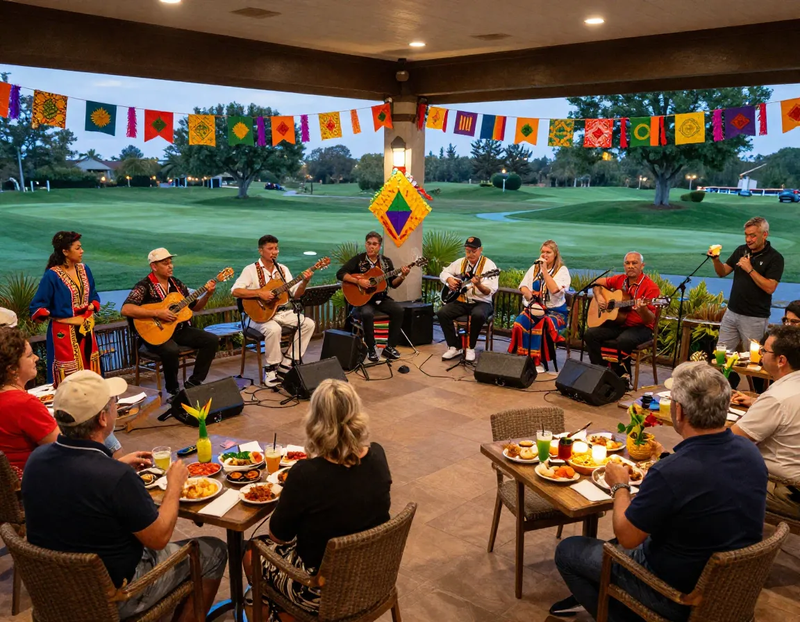A festive cultural celebration with live music at a golf resort clubhouse