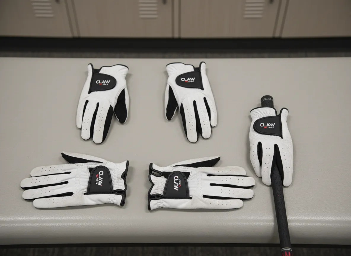 Multiple durable machine washable golf gloves laid out for organization