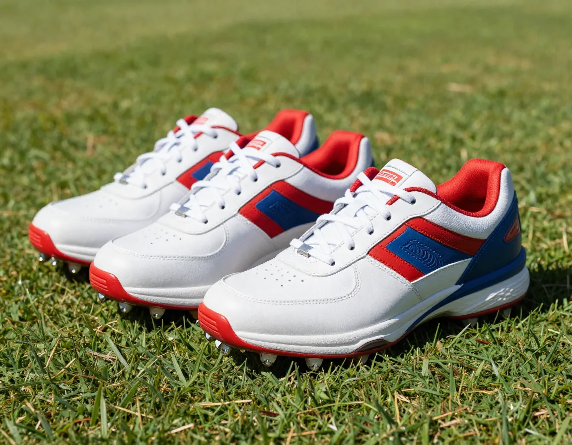 Retro inspired chunky golf shoes on grass close up