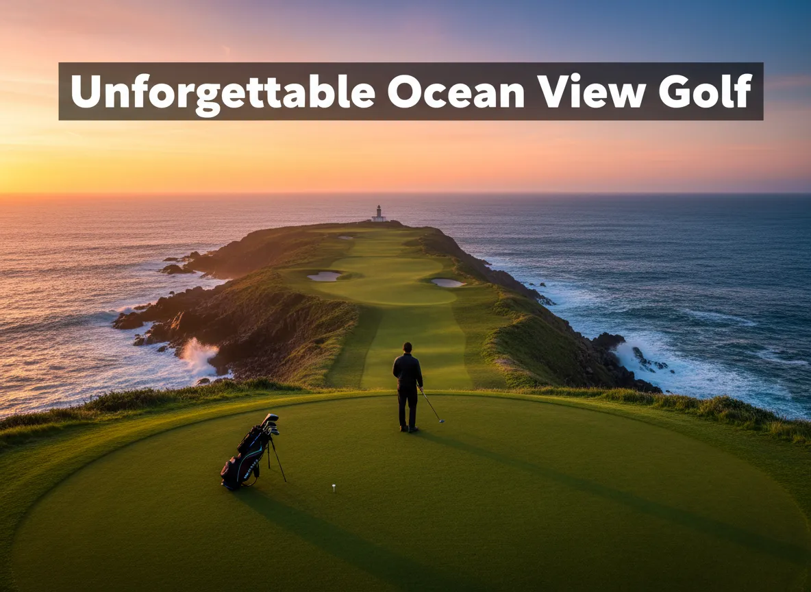 Golfer silhouette cliff tee box ocean horizon sunrise fairway lighthouse