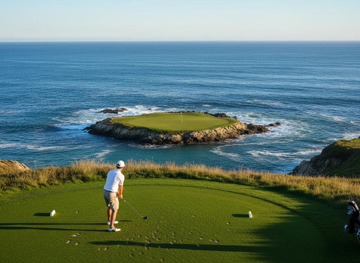 The pebble beach golf links 7th hole tee box overlooking the pacific ocean