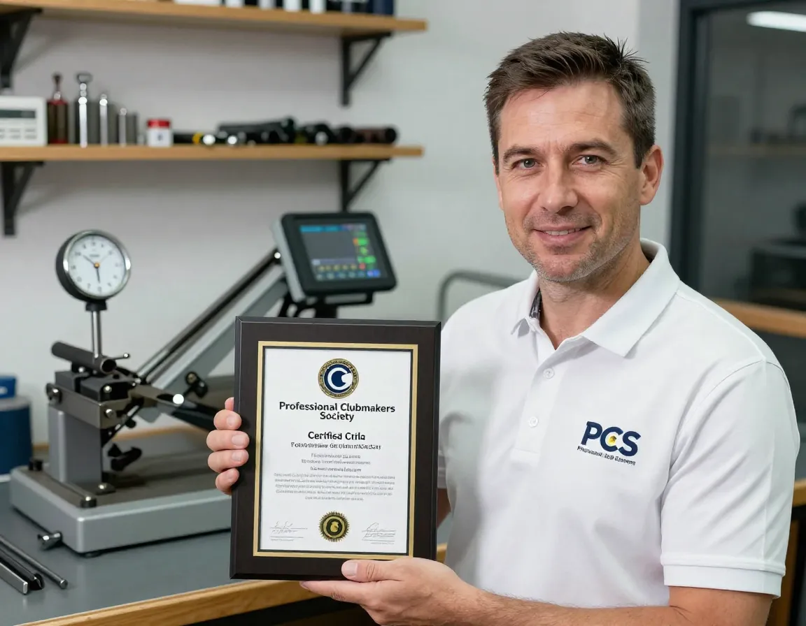 Certified technician holding professional clubmakers society certification