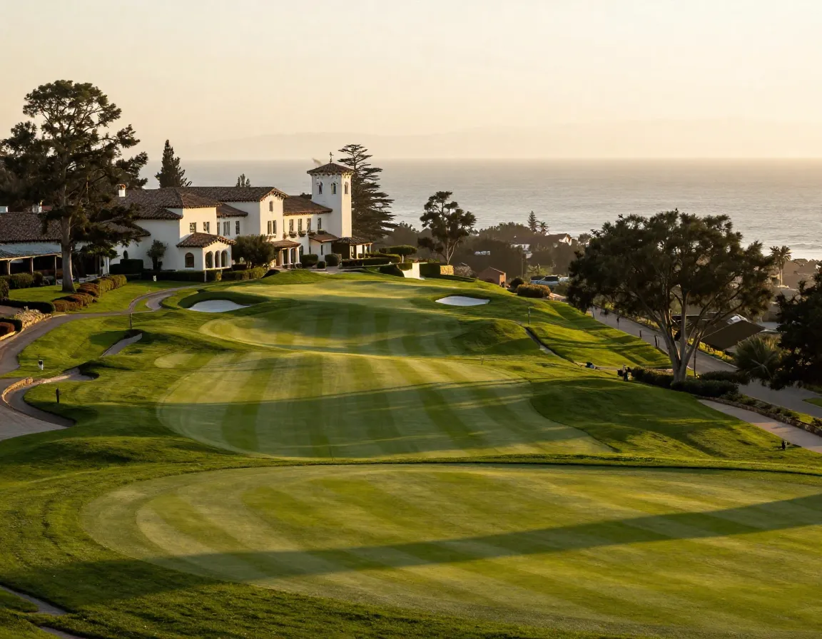 The riviera country club historic clubhouse and fairway with distant ocean