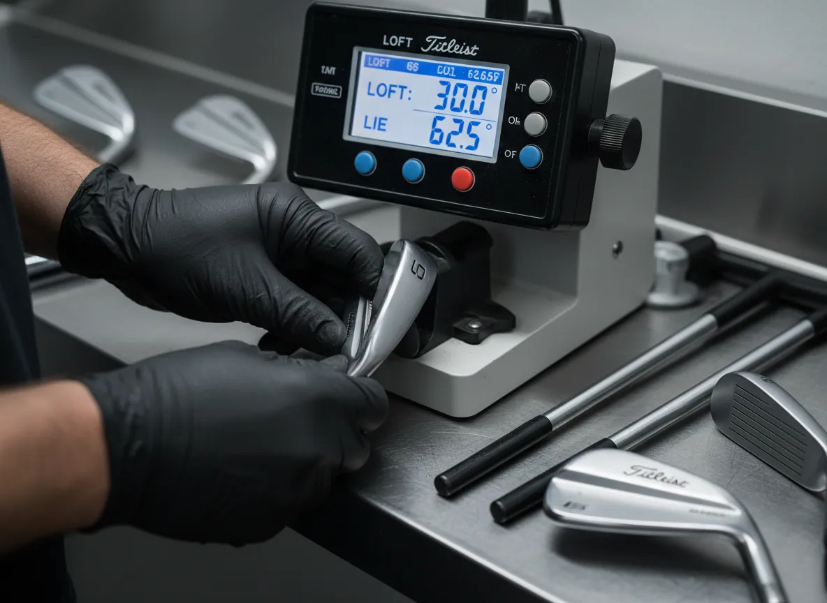 Technician using digital loft lie gauge on an iron club head