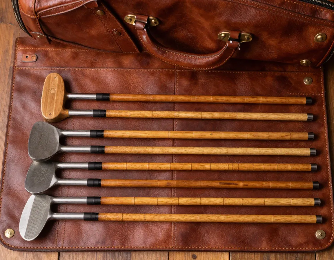 Complete hickory shafted driver iron putter vintage set display