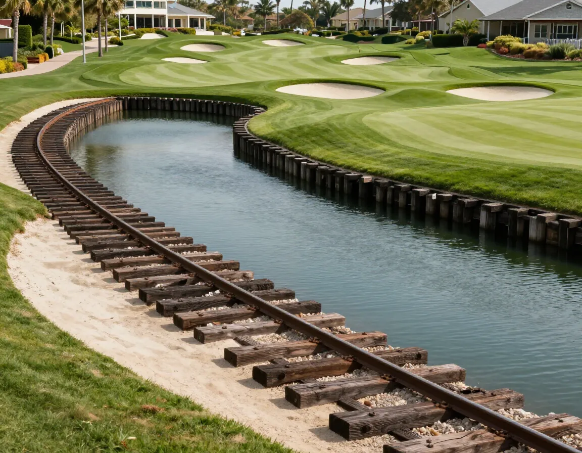The barefoot resort dye course with signature railroad ties and water hazards