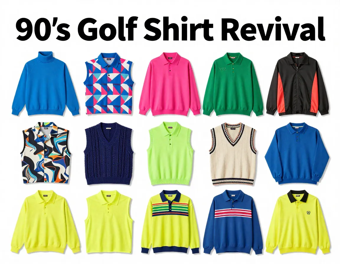 Nostalgic 90s golf shirt revival flat lay grid nine polos