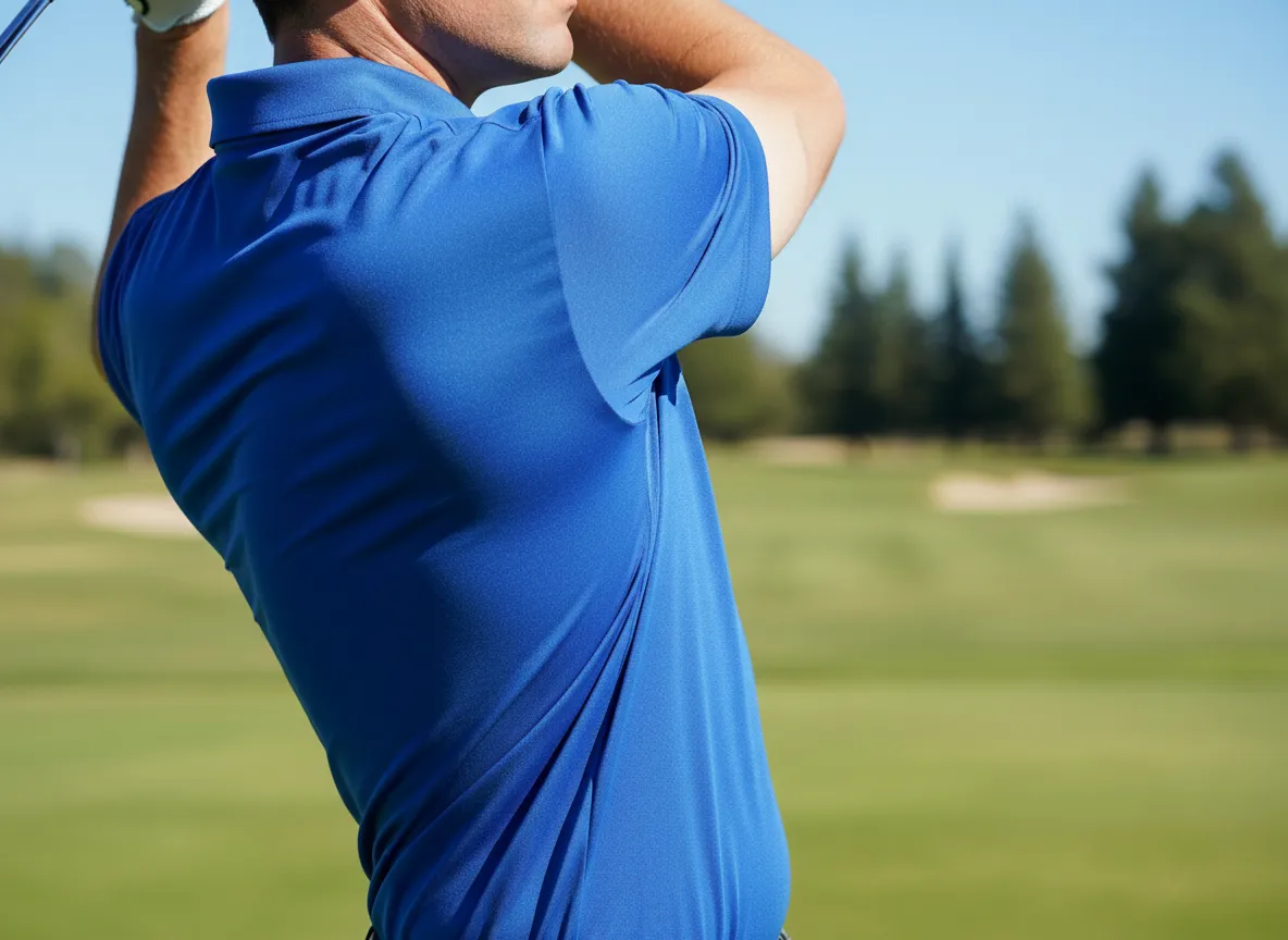 Moisture wicking polo shirt on a golfer during swing