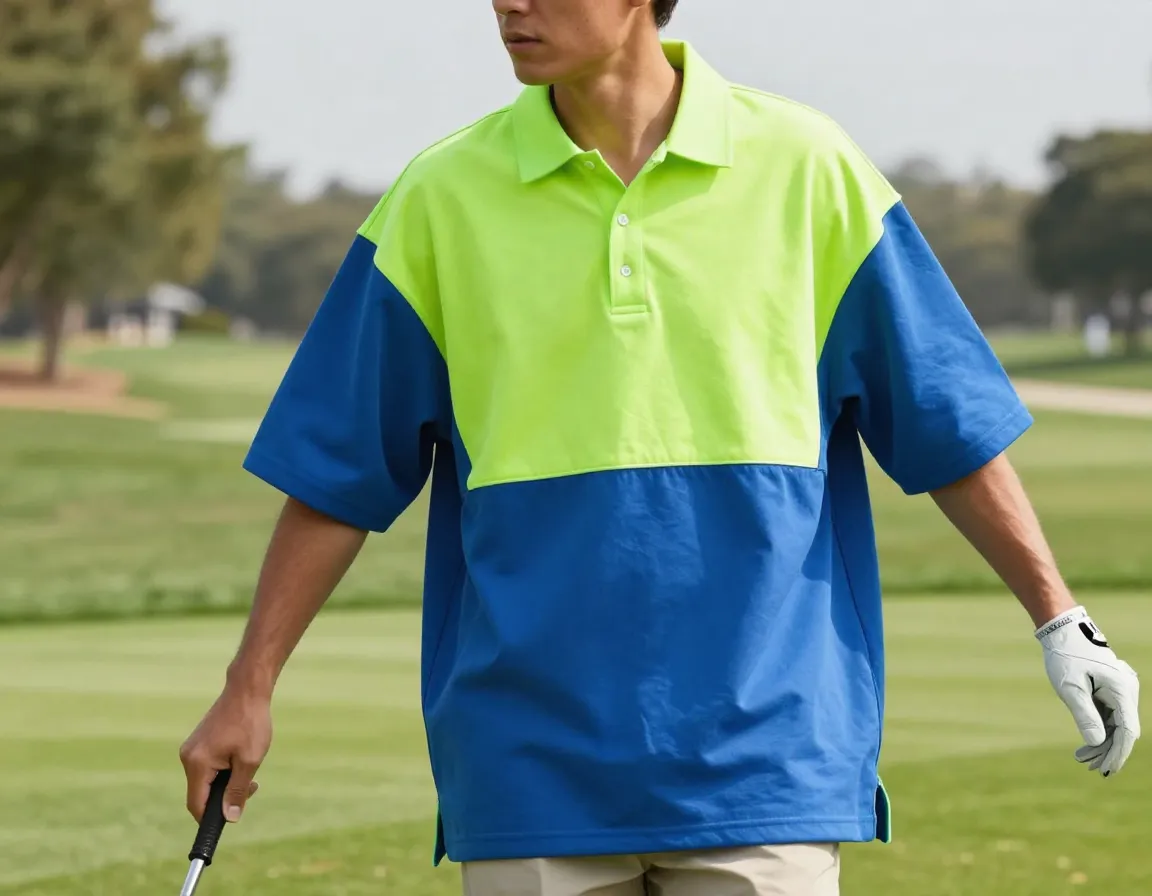 Oversized neon green blue color block golf shirt
