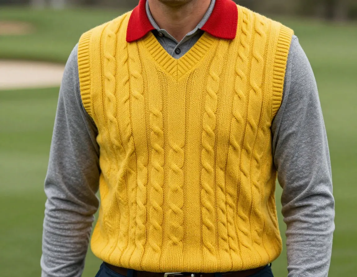 Cable knit sleeveless vest over long sleeve shirt