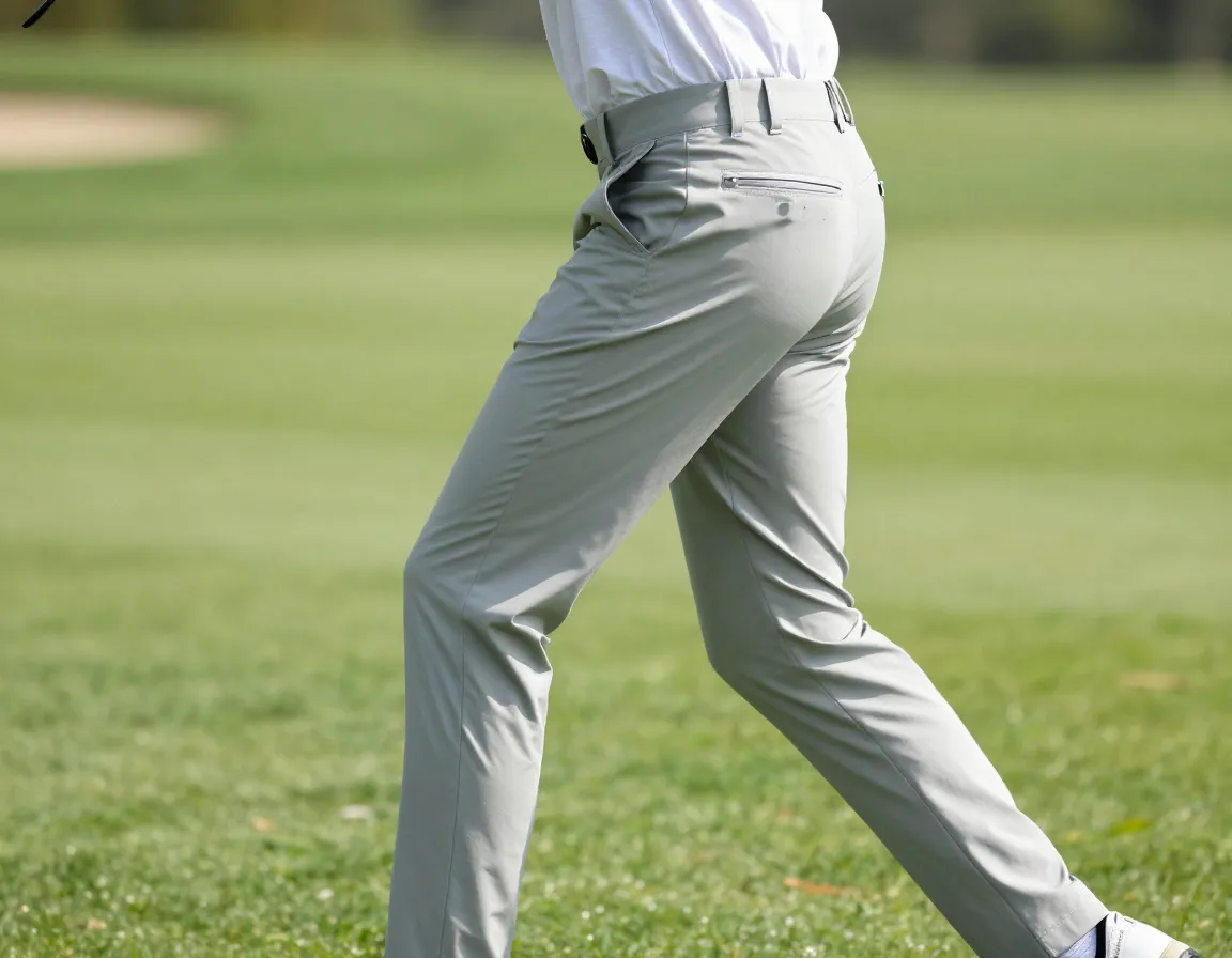Stretch golf pants with zippered thigh pocket in action
