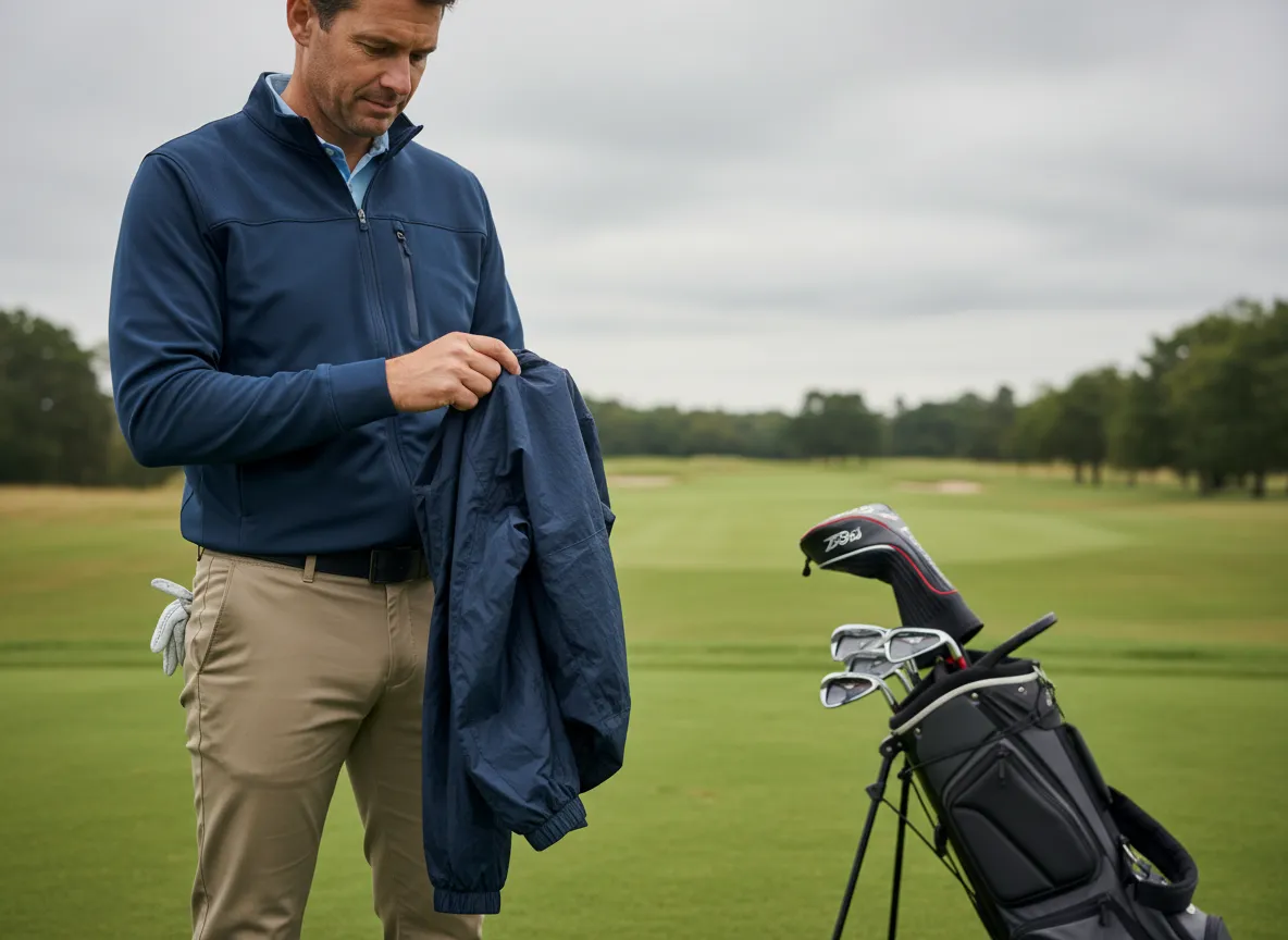 Golf jacket with stretch panels and packable design