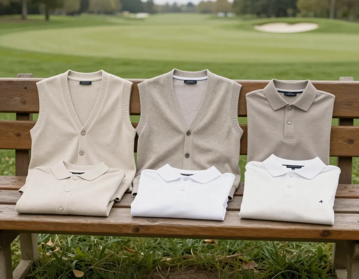 Layered golf vest cardigan and polo on a bench