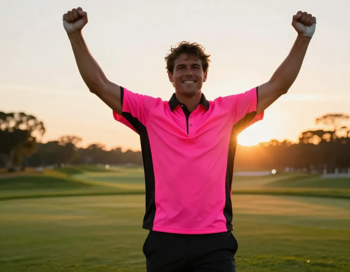 Neon hot pink black golf shirt golfer celebrating