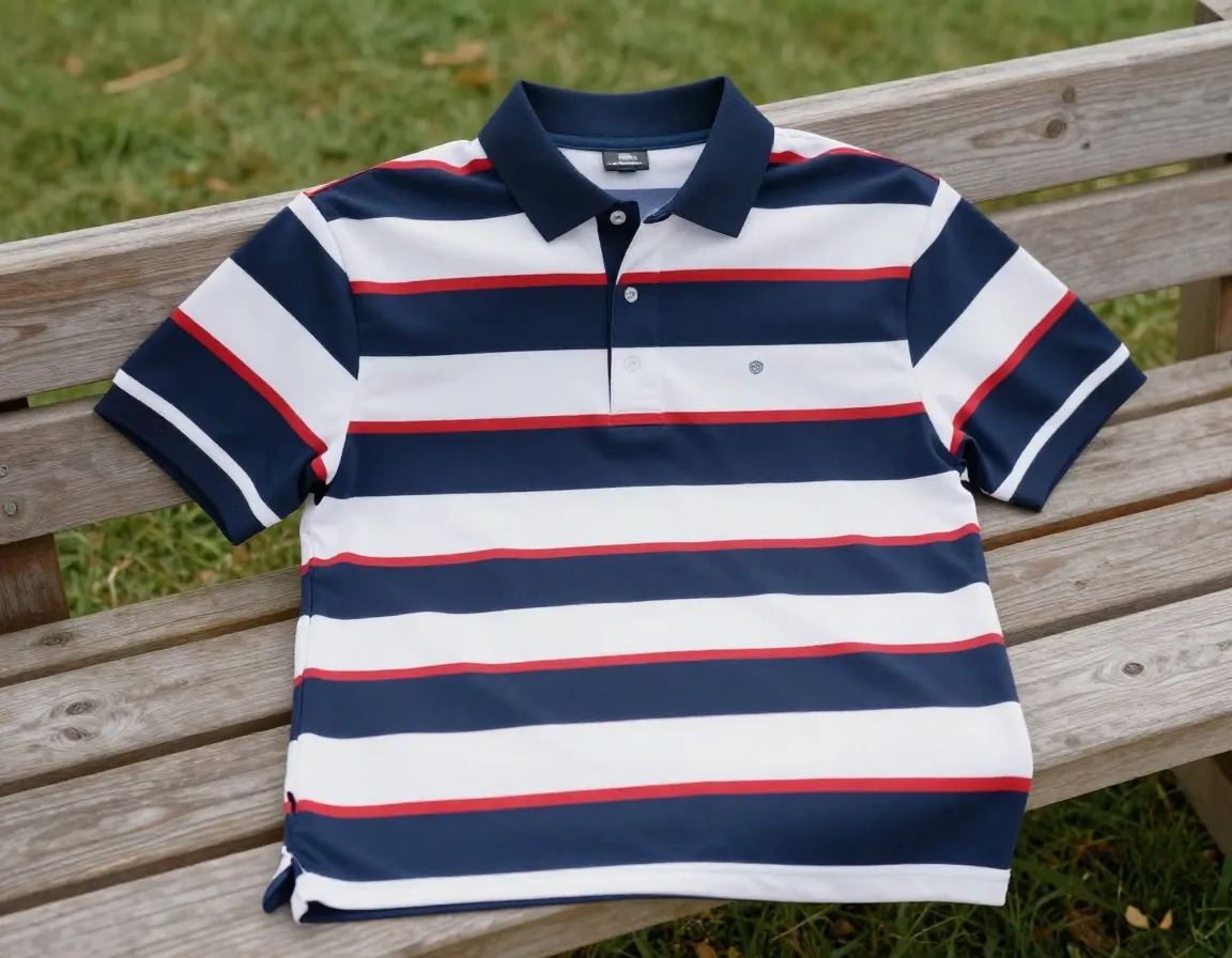 Horizontal multi width stripe golf shirt on bench