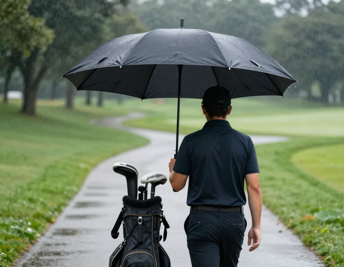 Windproof golf umbrella covering golfer and golf bag