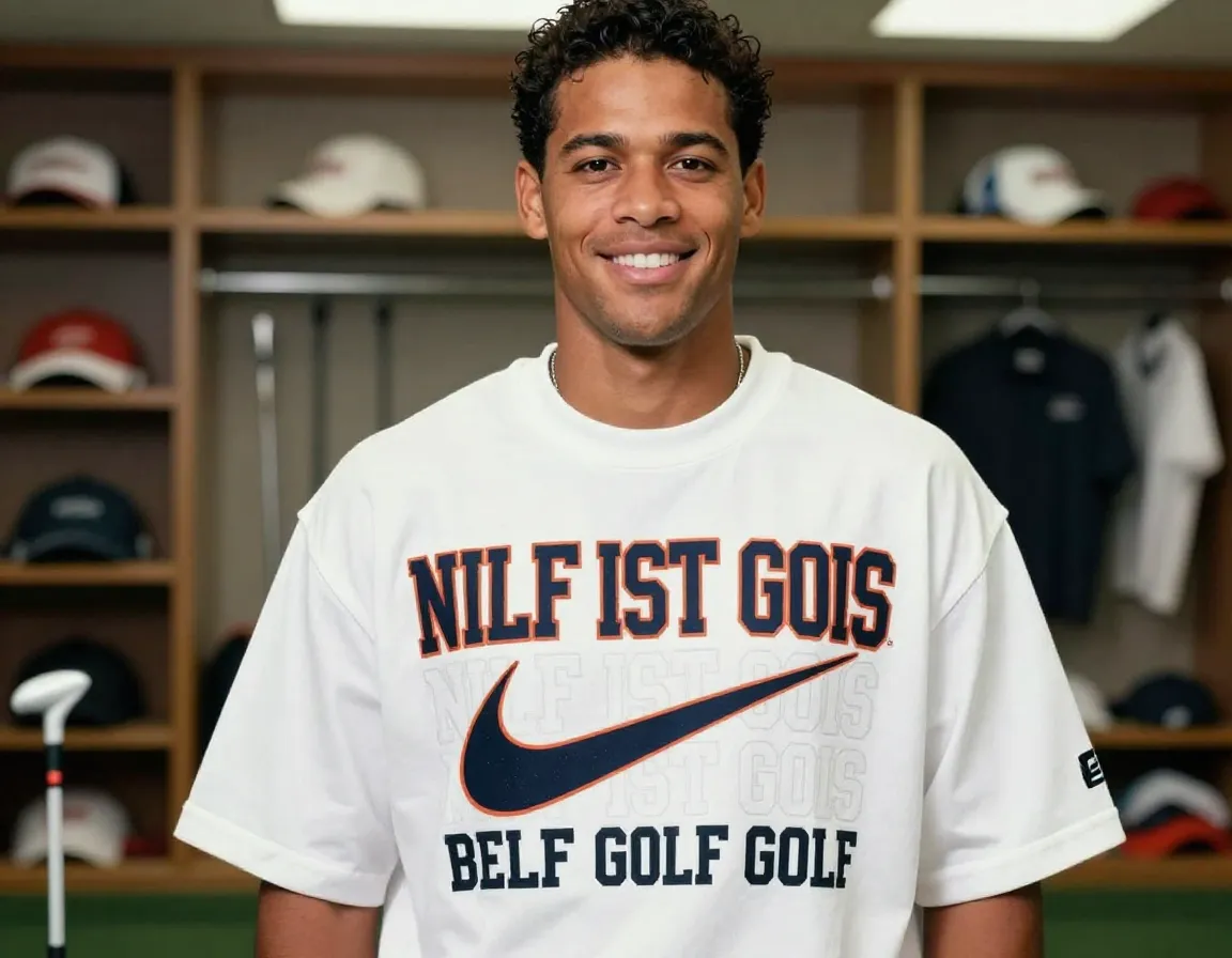 Oversized brand logo golf shirt golfer portrait