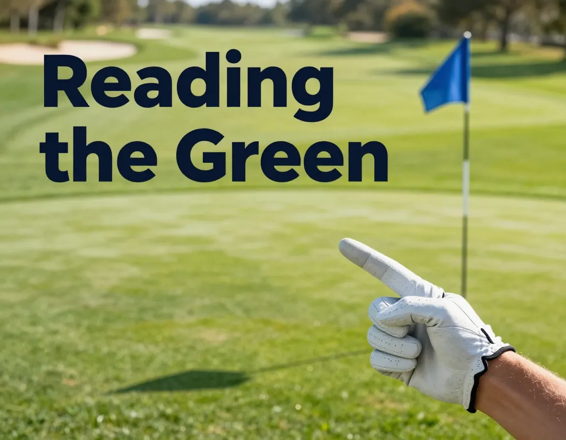 Golfer pointing to blue pin flag on green