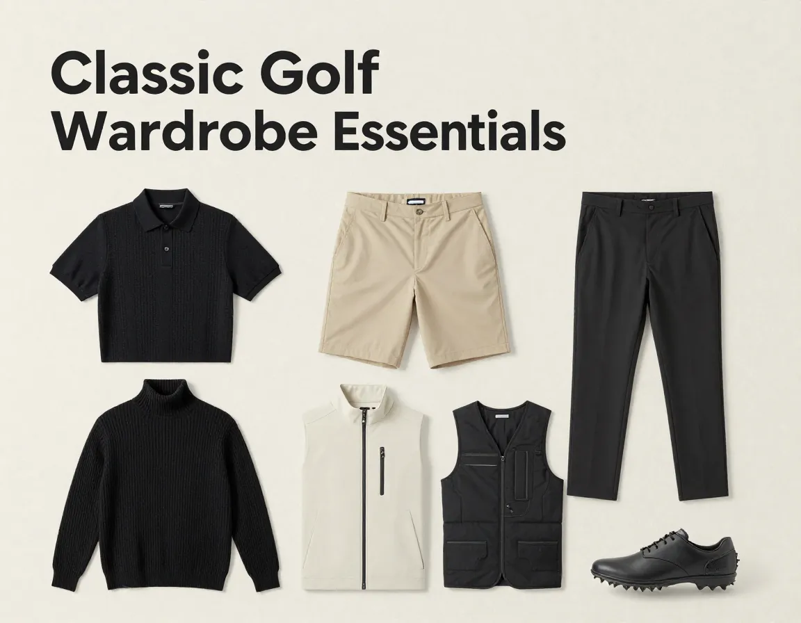 Structured polo tailored shorts performance trousers knit sweater jacket vest shoes flatlay