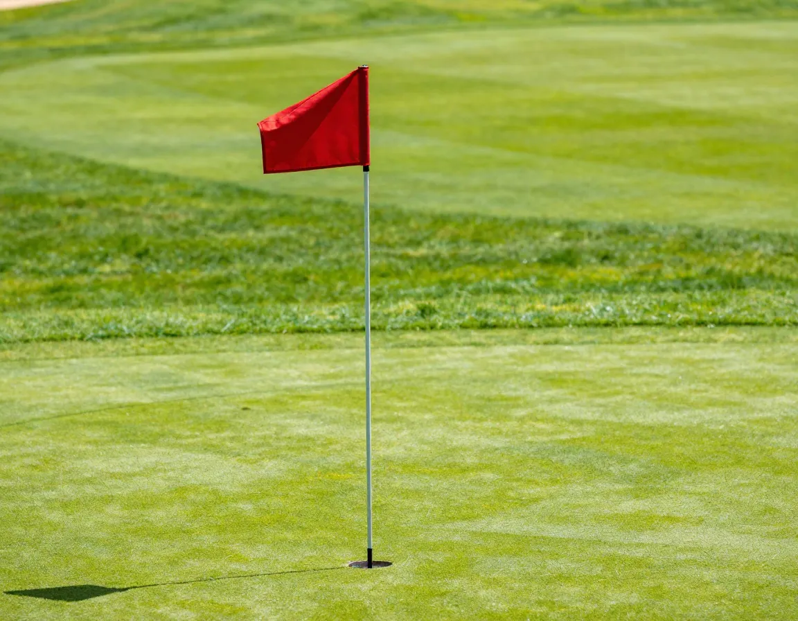 Red golf flag front pin position bright green putting surface