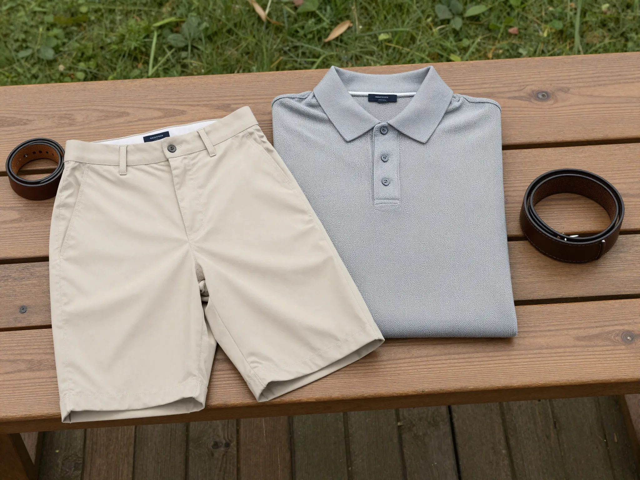 Tailored neutral shorts and polo arranged on wooden bench
